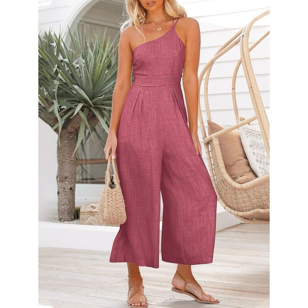 Jumpsuit Tan Large Summer One Shoulder Rose High Waist Casual Wide Leg ANRABESS - Picture 2 of 16